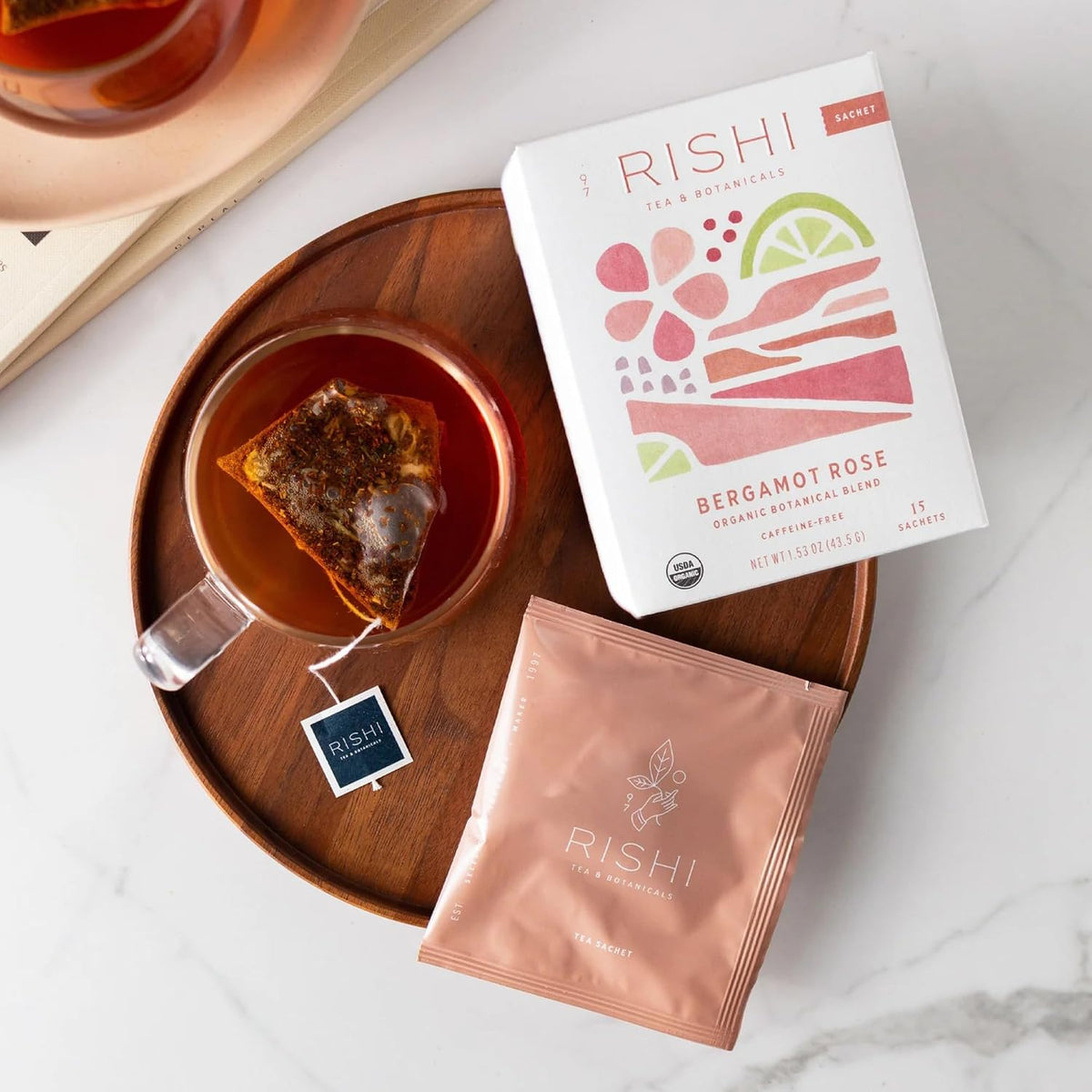 Rishi Tea Bergamot Rose Organic Herbal Sachet Tea Bags, Caffeine Free, 15ct