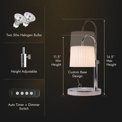 Dimmable Glass Candle Warmer Lamp with Timer - Adjustable Height Candle Lamp Warmer with Timer (8H/4H/2H) - Wax Melter - Ideal Gift, fits Various Size Scented Candles - 02 Bulb - (Gold Metal)