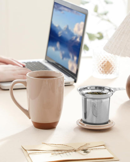 MALACASA Ceramic Tea Mug with Lid and Stainless Steel Infuser, 18 oz Large Tea Cup for Loose Leaf Tea, Heat-Resistant, Microwave & Dishwasher Safe, Speckled Glaze Coffee & Tea Brewer Mug, Khaki White