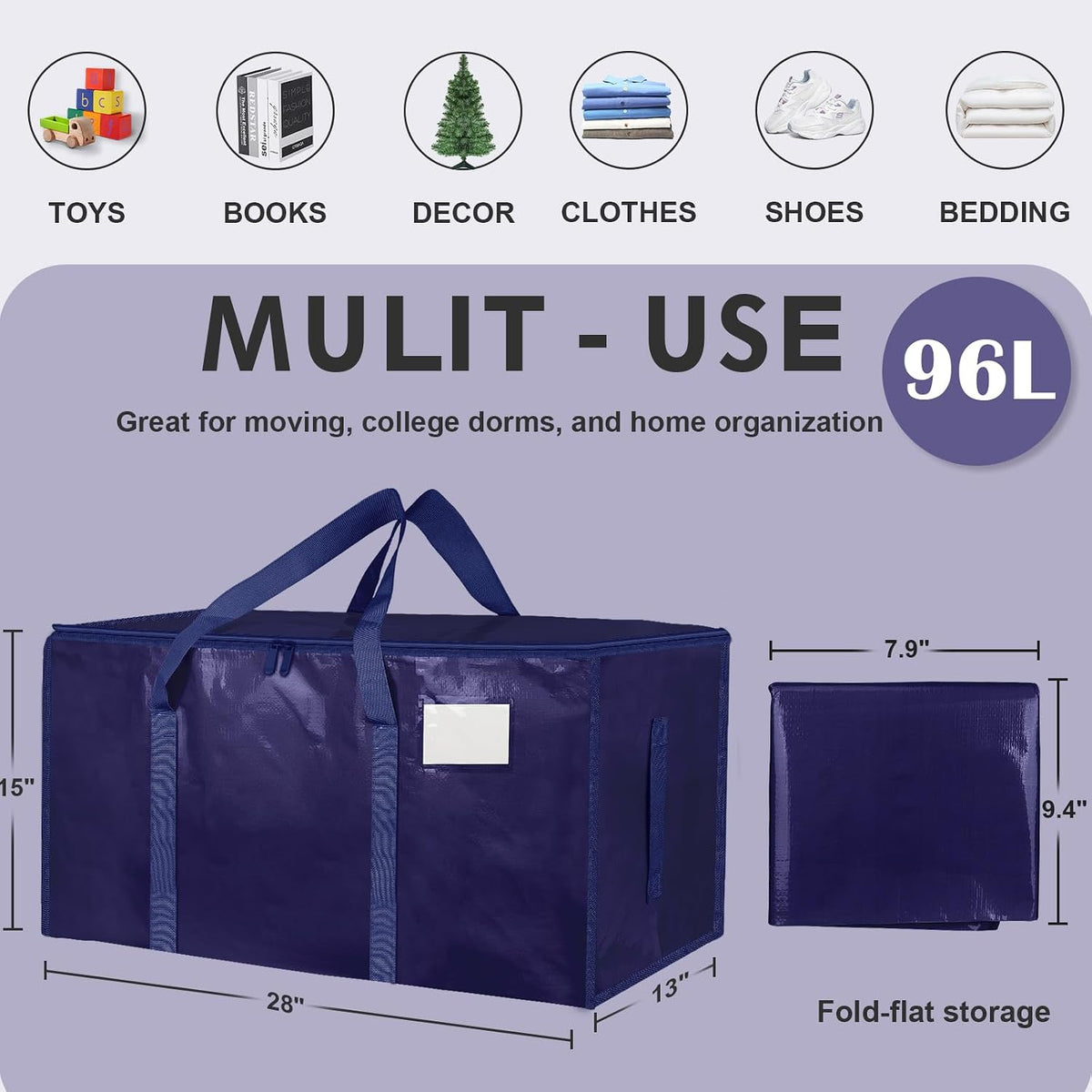 Moving Bags Extra Large - Heavy Duty Storage Totes with Wrap-Around Handles & Reinforced Zippers - Foldable Moving Box Alternative, Water-Resistant for Dorm, Closet & Under Bed Storage (Clear)