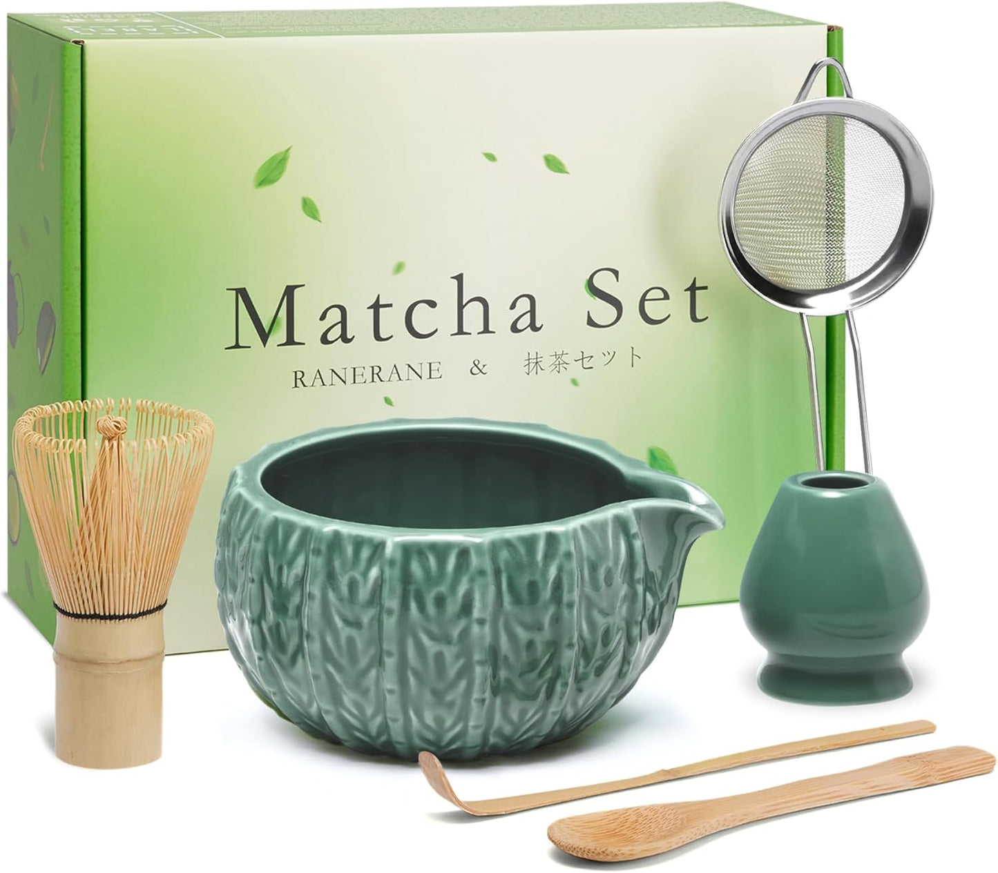 Matcha Whisk Set, Ceramic Matcha Set Includes Matcha Bowl, Matcha Whisk (Chasen) and Holder, Sifter, Bamboo Scoop & Spoon - 6 Pcs Matcha Kit for Matcha Lovers White