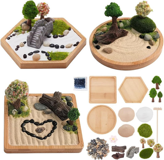 WEBEEDY 3 Sets Mini Zen Sand Garden Kit Japanese Desktop Sandbox Zen Garden Kit Cute Zen Home Office Desktop Decor Sand Craft Accessories,Litter Box Sand for Meditation Relaxation,4/4.2/4.4 Inch