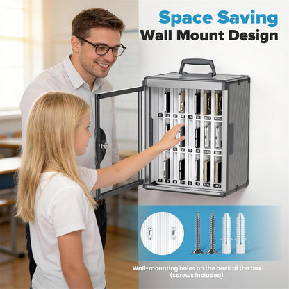24 Slots Cell Phone Locker, Classroom Phone Storage Cabinet with Key, 【Wall Mounted】 【Aluminum Alloy】 Phone Lock Box, Mobile Phone Lockbox with Handle for School Office Exam(Silver)