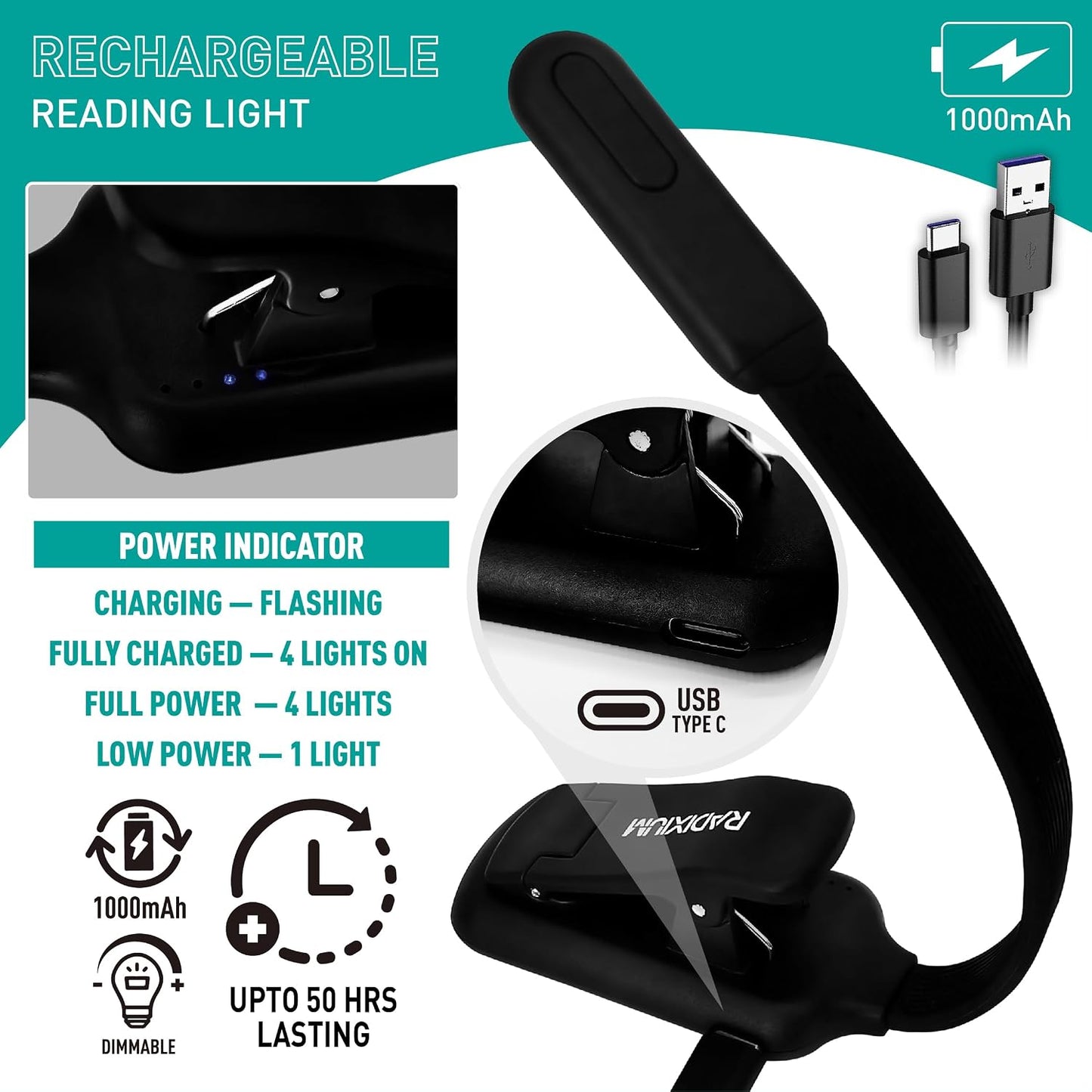 Rechargeable Book Light - 9LED Vertical Reading Light w/ 9 Color Temp, Stepless Dimming, 50H Battery, USB-C, Clip & Magnet - Gift for Book Lovers