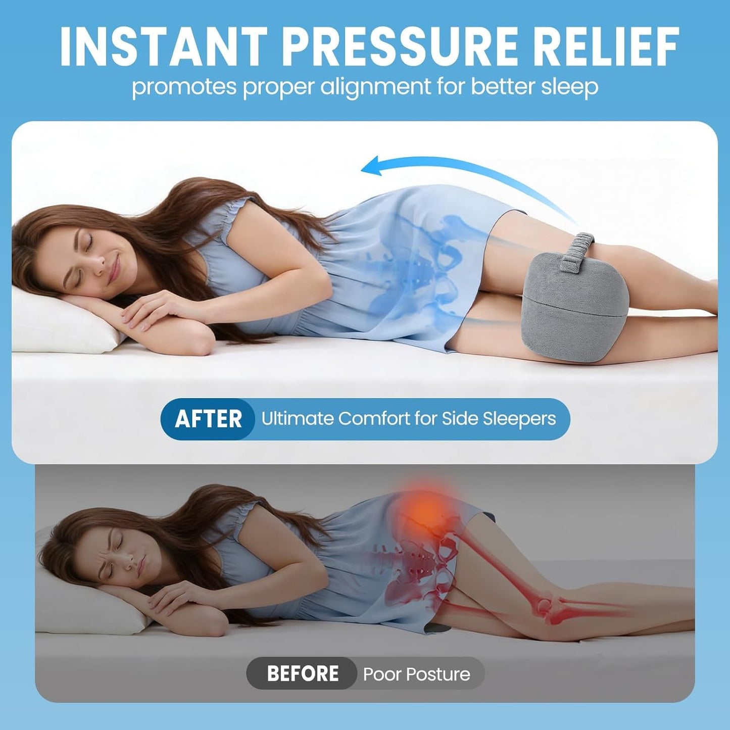 Knee Pillow for Side Sleepers with Strap, Supportive Memory Foam Leg Pillow for Side Sleeping & Spine Support, Ergonomic Curved Design for Hips and Back, Light Grey