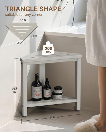 Shower Foot Rest 15in, HDPE Waterproof Shower Stool for Inside Shower, Corner Shower Stool for Shaving Legs with Storage Shelf for Small Space, Shower Step Stool, Plastic Corner Shower Bench, White