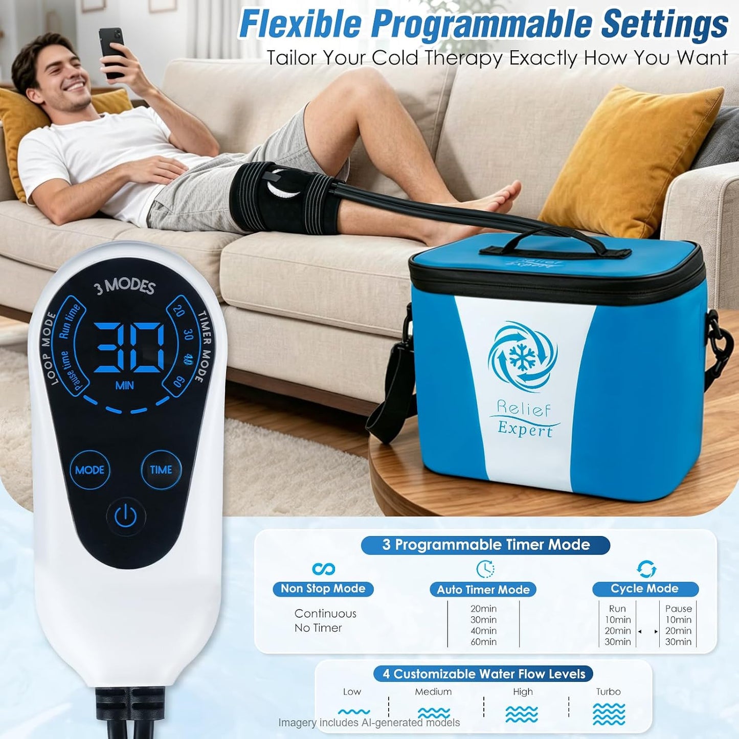 Ice Machine for Knee After Surgery, Extra Large Wrap & Flippable Kneecap Pad, 18QT Cooler, 12H Cooling, Programmable Timer, Leak-Resistant Sealing & Steady Cold Compression for Knee Replacement Care