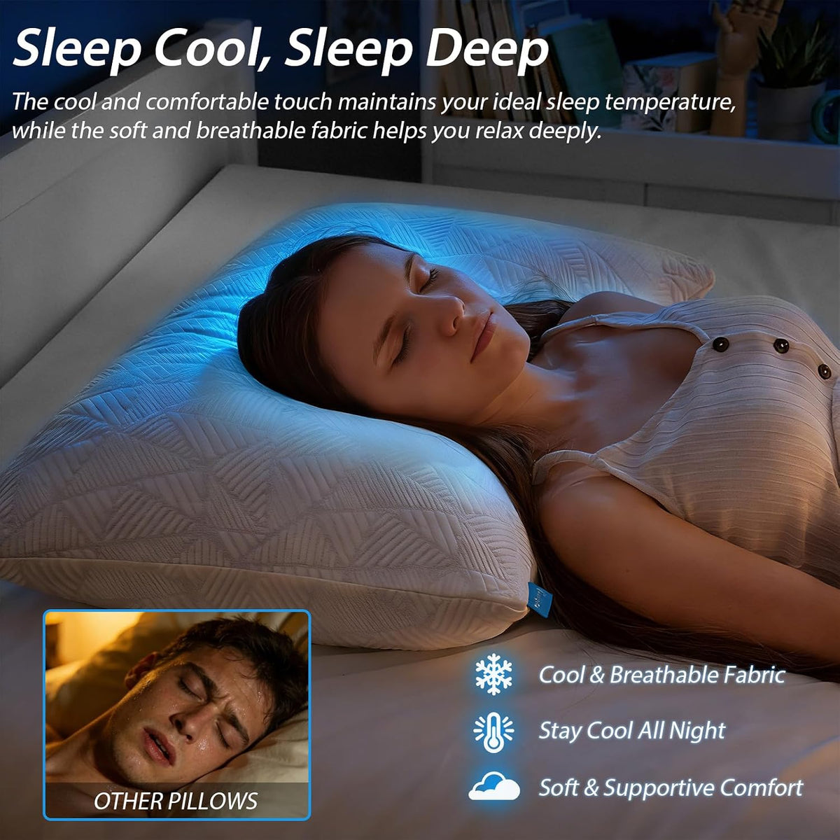 BETU Cooling Pillow Queen Size, Shredded Memory Foam Cool Pillow for Hot Sleepers, Adjustable Firm Soft Support Bed Pillows Perfect for Back Neck Pain and Side Sleeping with Pillow Case Cover, White