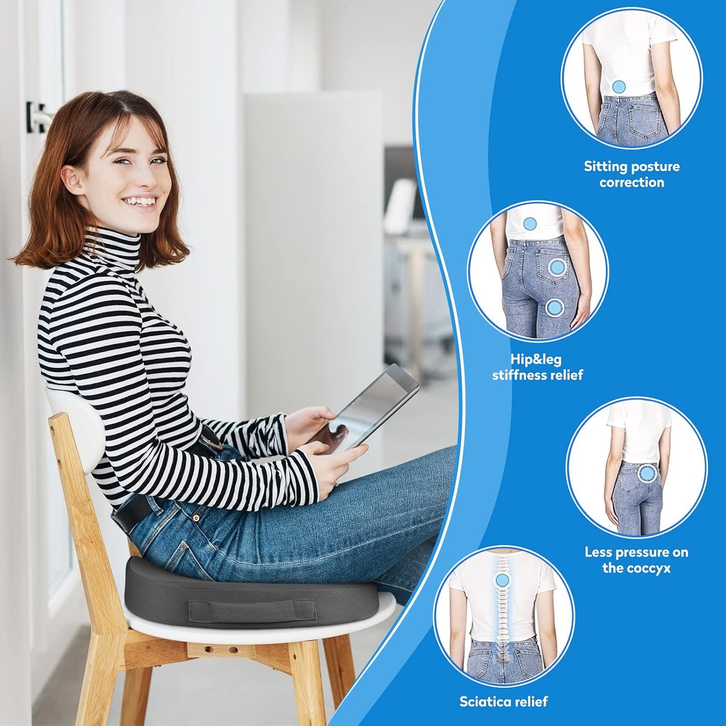 CushZone Seat Cushion - Memory Foam Office Chair Cushion for Sciatica, Tailbone & Back Pain Relief - Orthopedic Coccyx Pillow for Car, Airplane, Pregnancy & Long Sitting at Work, Black