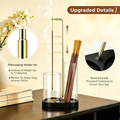 3 in 1 Incense Holder for Sticks Upside Down Anti-Ash Incense Burner with Glass Ash Catcher Backflow Cone Incense Diffuser with Adjustable Threaded Mounting for Mediation Yoga Spa Gifts Home Decor