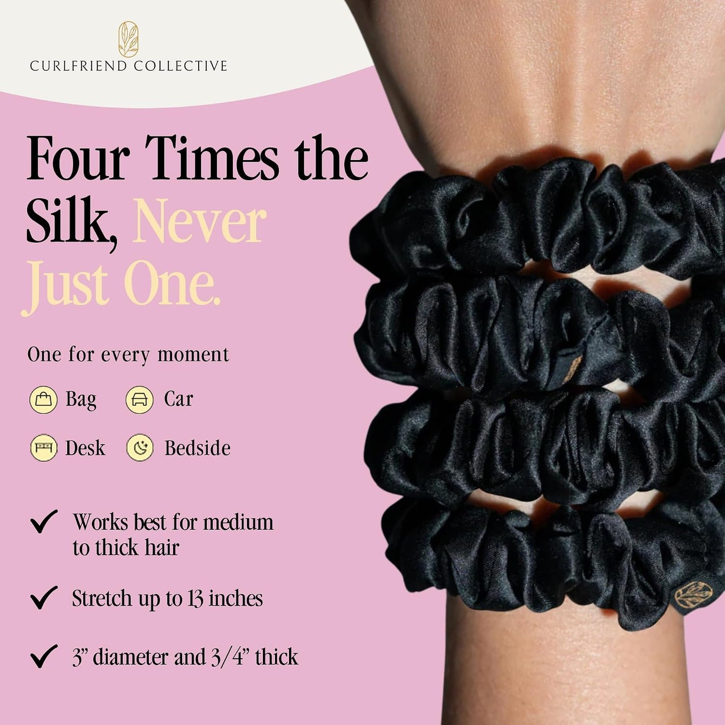 Silk Scrunchies for Women Ponytail Holders – Oversized Mulberry Silk Scrunchies – Extra Large No Damage Hair Ties for Curly, Thick, and Thin - Hair Accessories for Women – Black, XL By Curlfriend