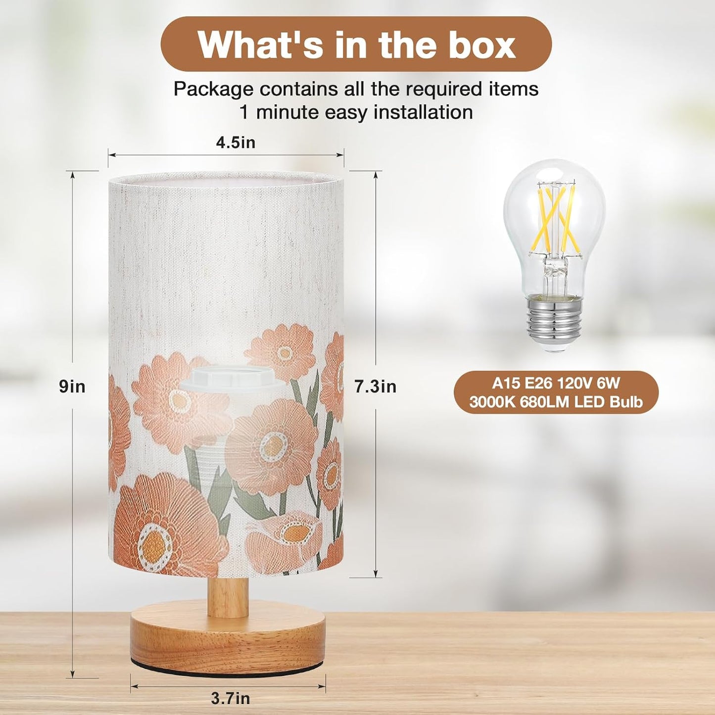 Fenmzee Small Table Lamp for Bedroom - Inline Control, Bedside Lamp with 3000K A15 LED Blub, Easy Assembly (Cream Shade - Wood Base, 9" Inline Control)