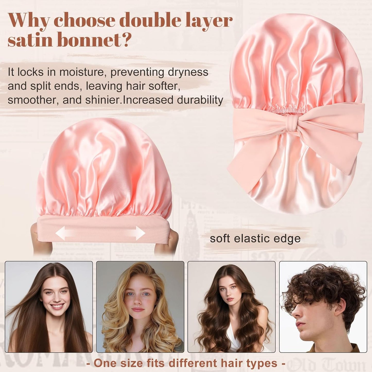 Satin Bonnet for Sleeping Cap Double Layer Hair Bonnet with Elastic Tie Band for Curly Hair Night Cap (Bean Paste + Pink)