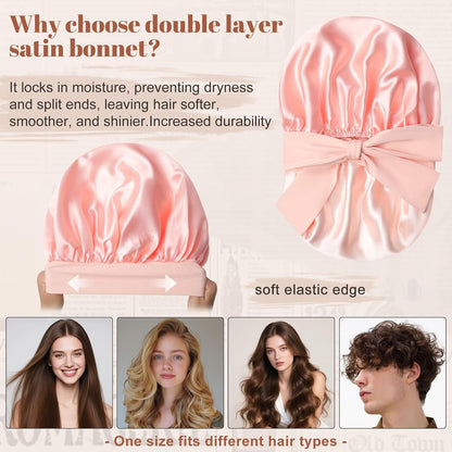 Satin Bonnet for Sleeping Cap Double Layer Hair Bonnet with Elastic Tie Band for Curly Hair Night Cap (Bean Paste + Pink)