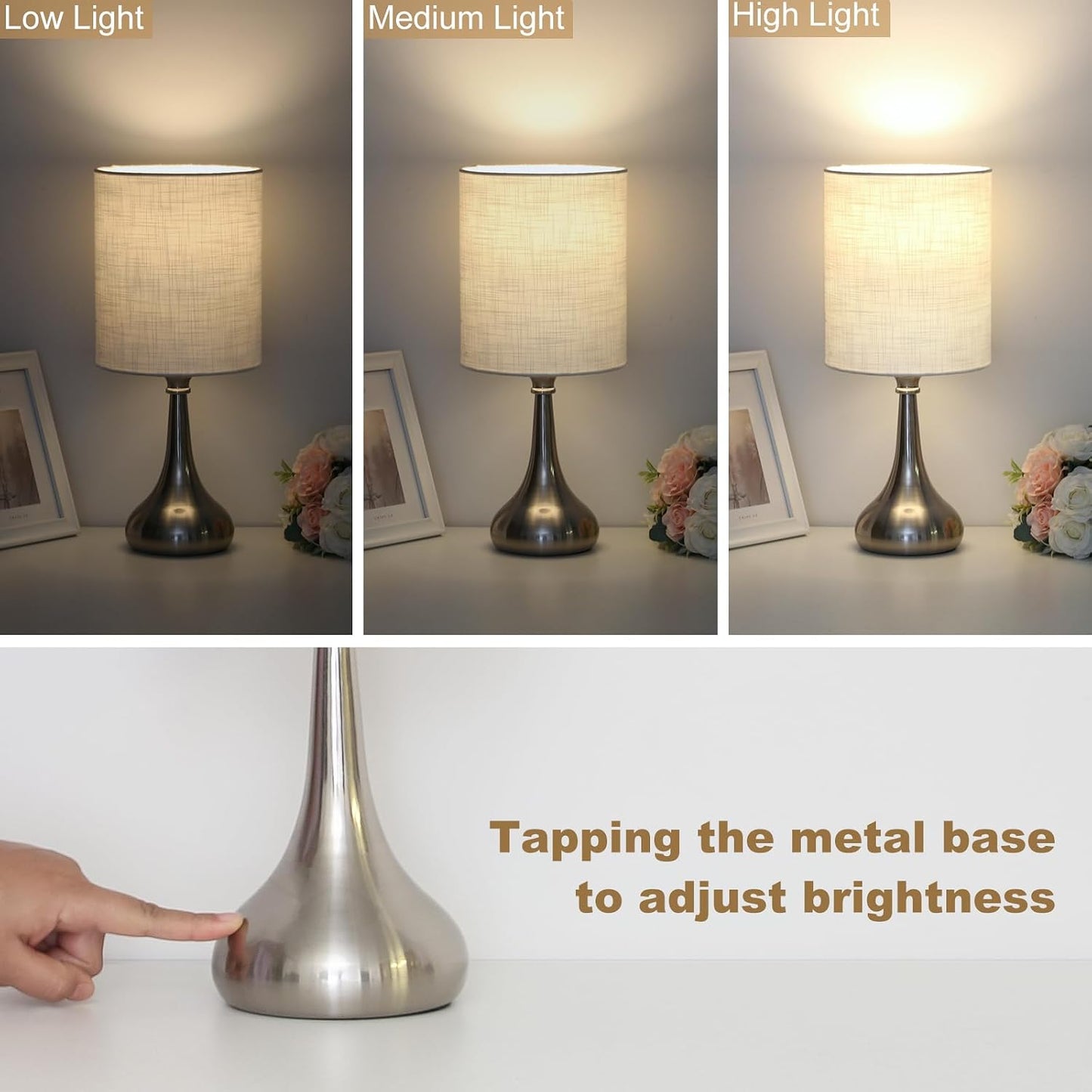 Touch Control Table Lamp, 3 Way Dimmable Simple Night Light Lamp with White Lampshade Silver Metal Base, Small Bedside Table Lamp for Bedroom, Office, Dorm, A19 9W 3000K Bulb Included
