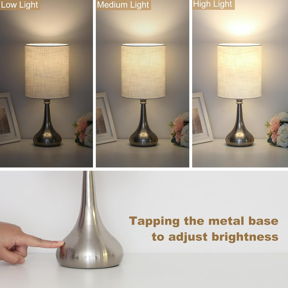 Touch Control Table Lamp, 3 Way Dimmable Simple Night Light Lamp with White Lampshade Silver Metal Base, Small Bedside Table Lamp for Bedroom, Office, Dorm, A19 9W 3000K Bulb Included
