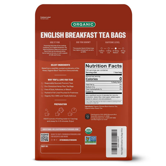 FGO Organic English Breakfast Black Tea, 100 Count, Eco-Conscious Tea Bags, Resealable Bag, Packaging May Vary (Pack of 1)