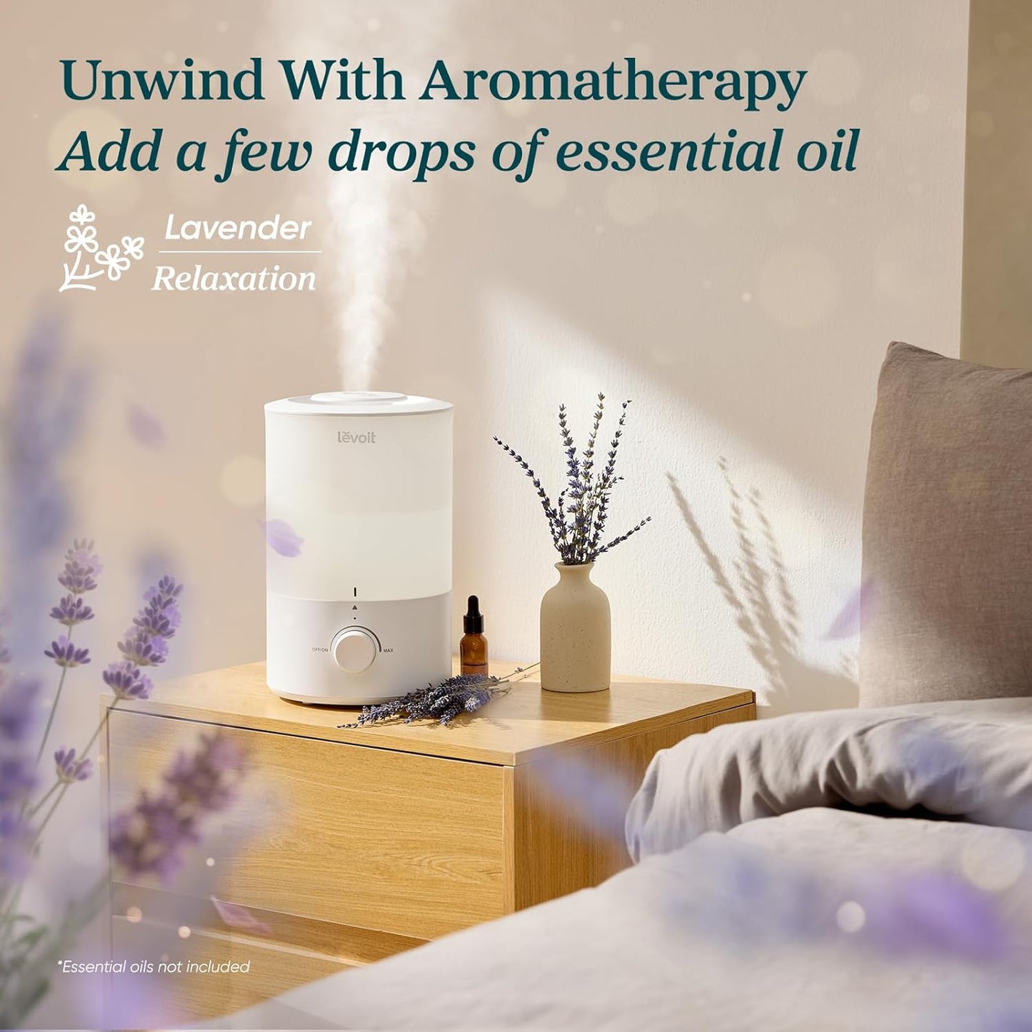 LEVOIT Humidifiers for Bedroom, Quiet, 3L Cool Mist, Essential Oil Diffuser | Top Fill/25Watt - Home/Large Room - 360° Nozzle - Rapid Ultrasonic Humidification for Baby Nursery/Plant