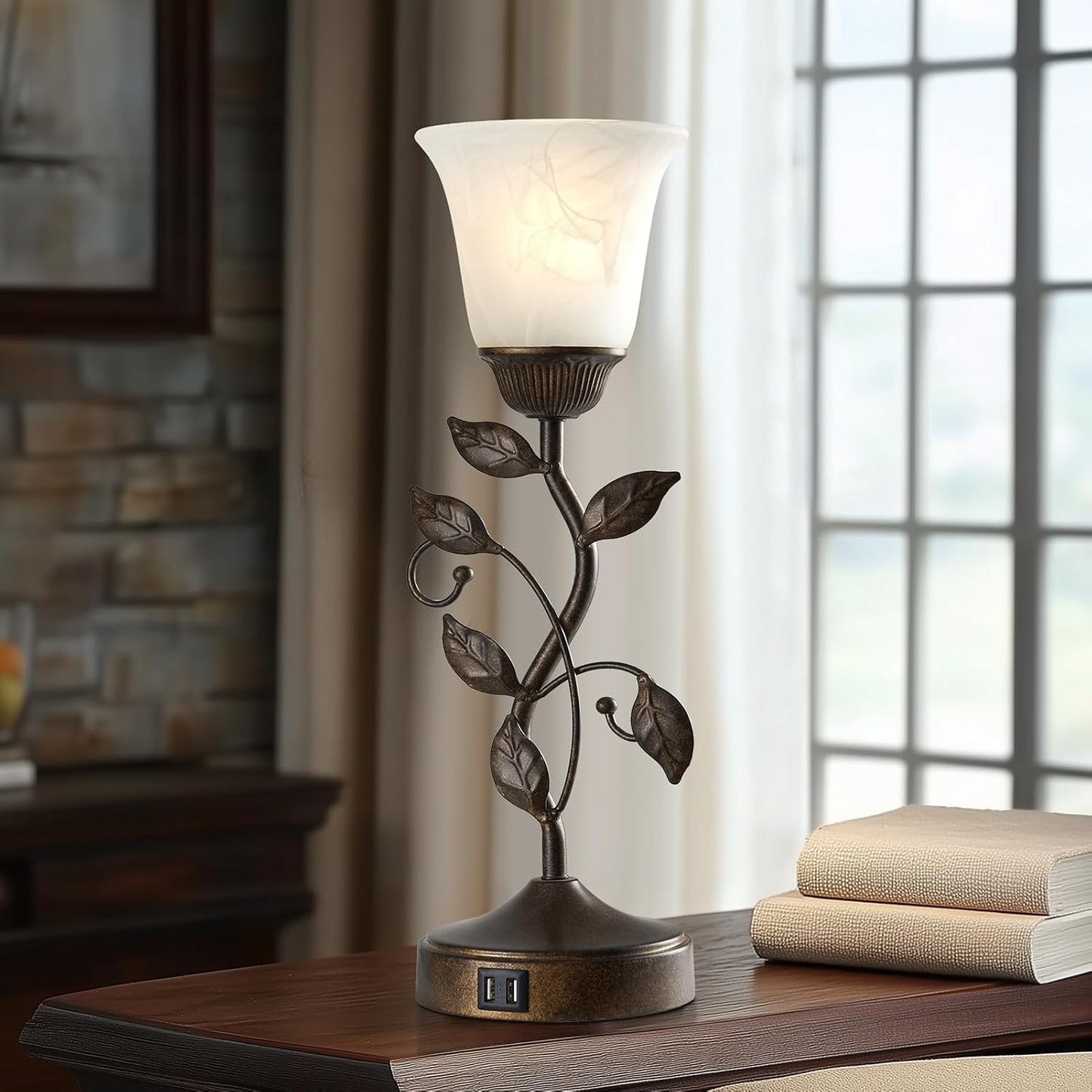 Touch Control Table Lamp with 2 USB Charging Ports, 3-Way Dimmable Bedside Nightstand Lamps, Amber Glass Shade Vintage Rural Leaf Lamp for Living Room, Bedroom, Dresser, LED Bulb Included (Bronze)