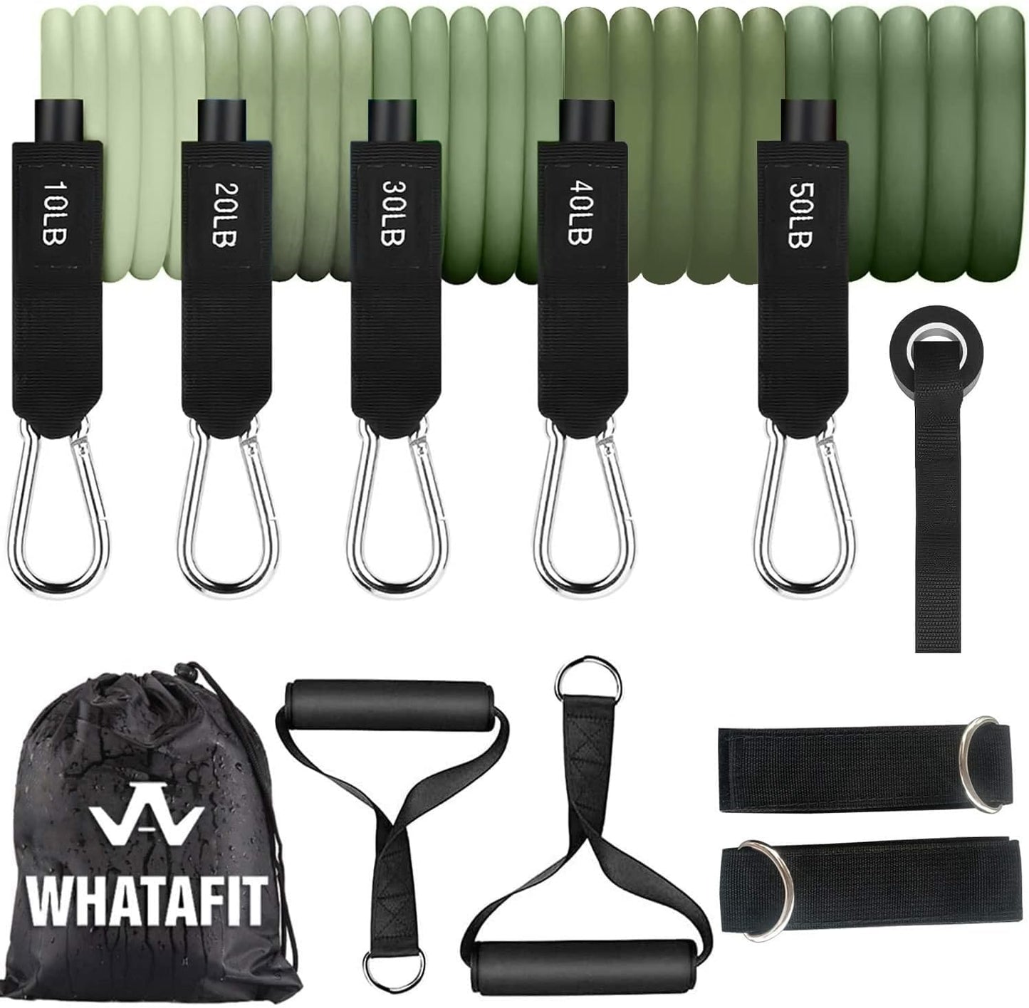 WHATAFIT Resistance Bands, Exercise Bands, Workout Bands with Handles, Door Anchor and Ankle Straps, 5 Resistance Levels Fitness Bands for Strength Training, Physical Therapy, and Home Gym Equipment