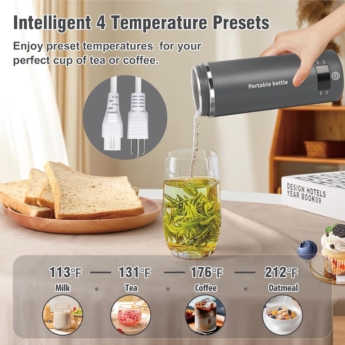 Travel Electric Kettle Portable Mini Kettle,Small Hot Water Boiler with 4 Temperature Settings,304 Stainless Steel,Fast Boiling Water with Auto Shut-Off and Boil Dry Protection,400ml (Beige, 400ML)