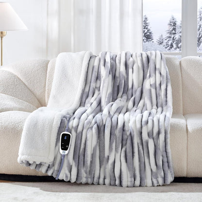 Sealy Electric Blanket Throw Size 50"*60",Super Cozy Faux Fur to Sherpa Reversible Heated Blanket Throw with 6 Heating Levels & 2-10 Hours Auto Off Overheating Protection Machine Washable,Blue White