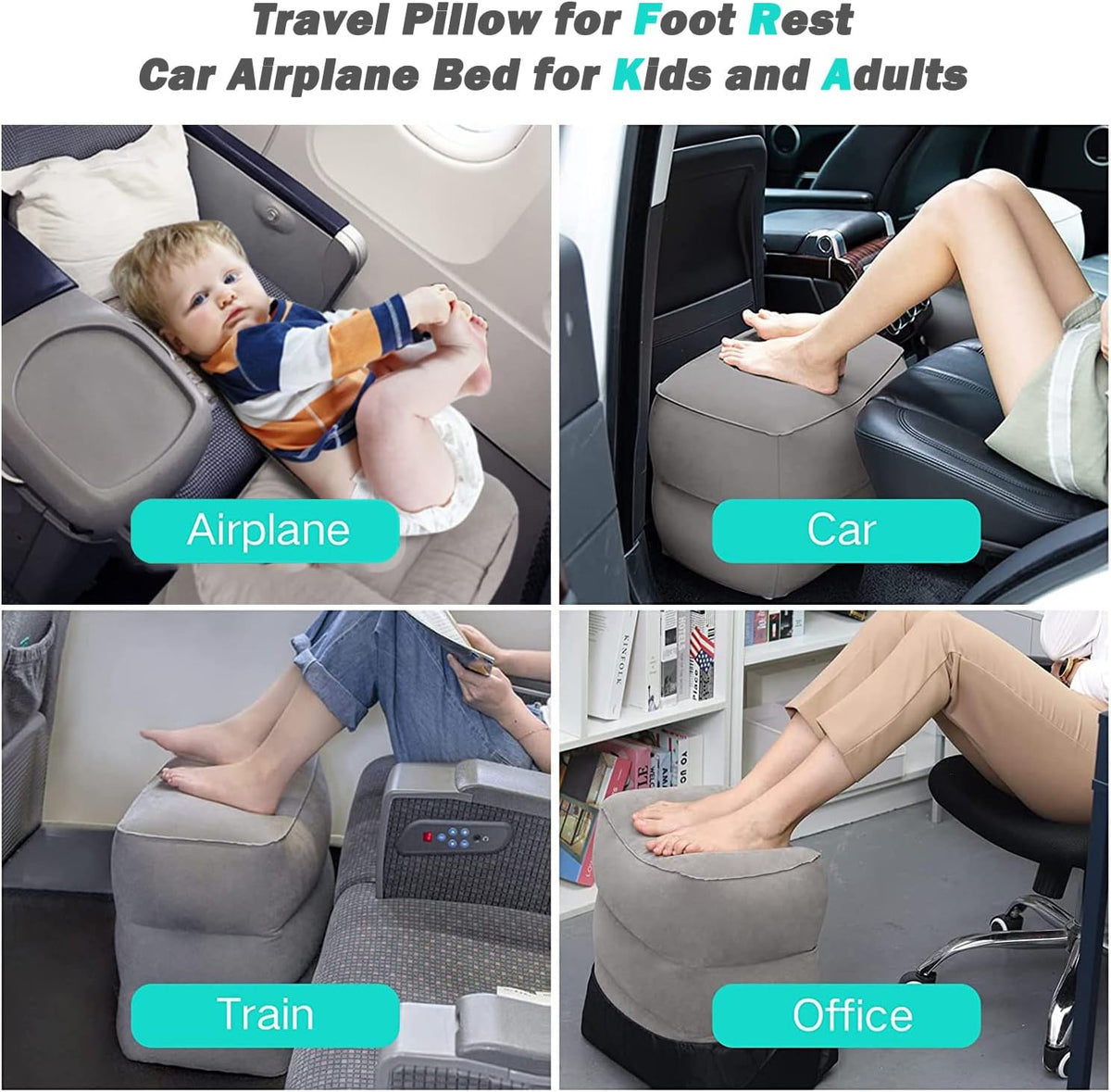 Inflatable Foot Rest Pillow for Travel, Adjustable Height Airplane Foot Cushion for Long Flights, Portable Comfort Footrest for Car, Office and Travel (Gray) (Black)