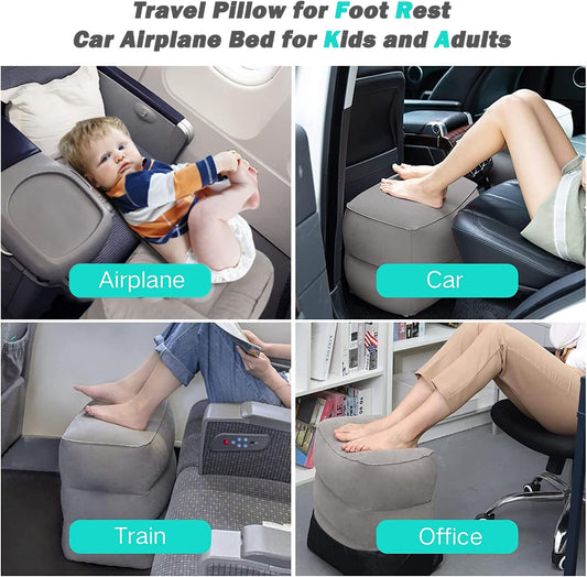 Inflatable Foot Rest Pillow for Travel, Adjustable Height Airplane Foot Cushion for Long Flights, Portable Comfort Footrest for Car, Office and Travel (Gray) (Black)