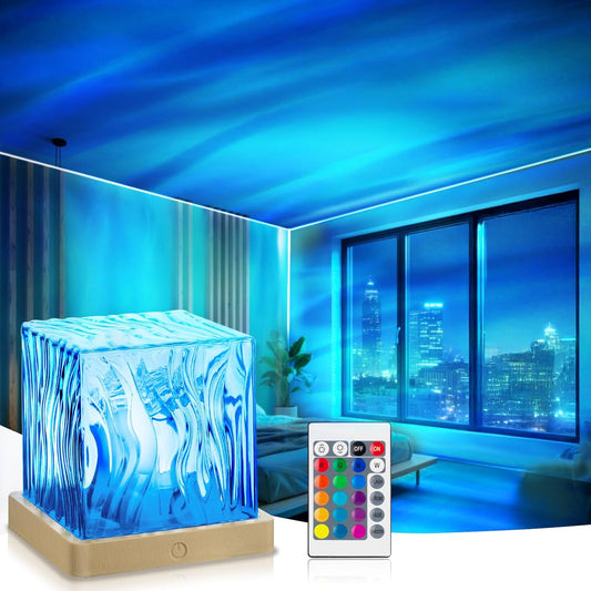 VoMii Ocean Wave Projector Light,16 Colors Luminorthe Cube Lamp with Dynamic Wave Effect,Northern Lights Projector Ambient Lighting with Remote for Bed Room Classroom Decor