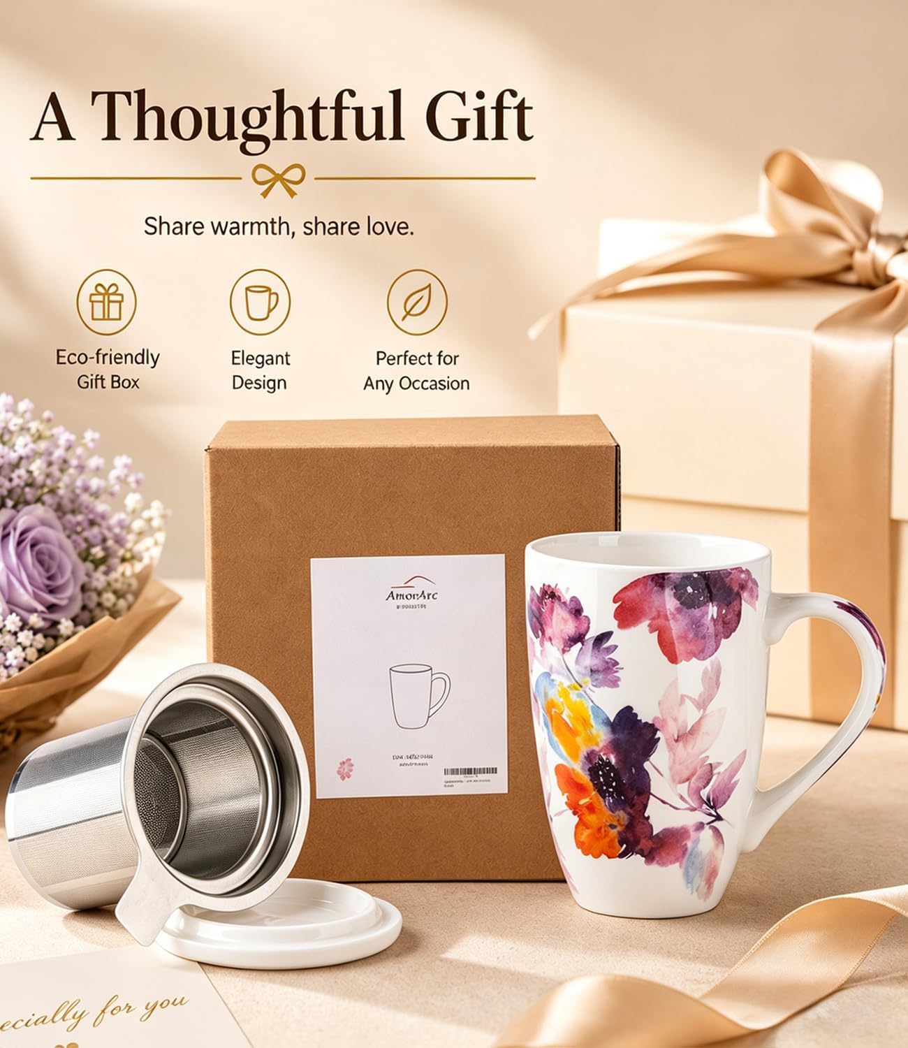 AmorArc 18oz Porcelain Tea Mug with Infuser & Lid, Loose Leaf Tea Cup with Stainless Steel Strainer, Large Coffee Mug Gift for Women, Tea Lovers, Home & Office