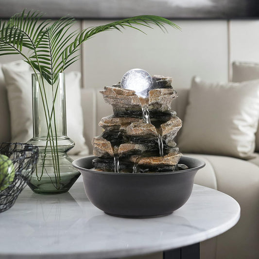 WICHEMI Indoor Fountain Tabletop Fountain Waterfall Fountains Stacked Rocks | Desktop Fountain With LED Light, Soothing Sound, Stress Relief, Humidifies Air, No Plumbing, Easy Setup, 11.8"X8.7"X5.9"