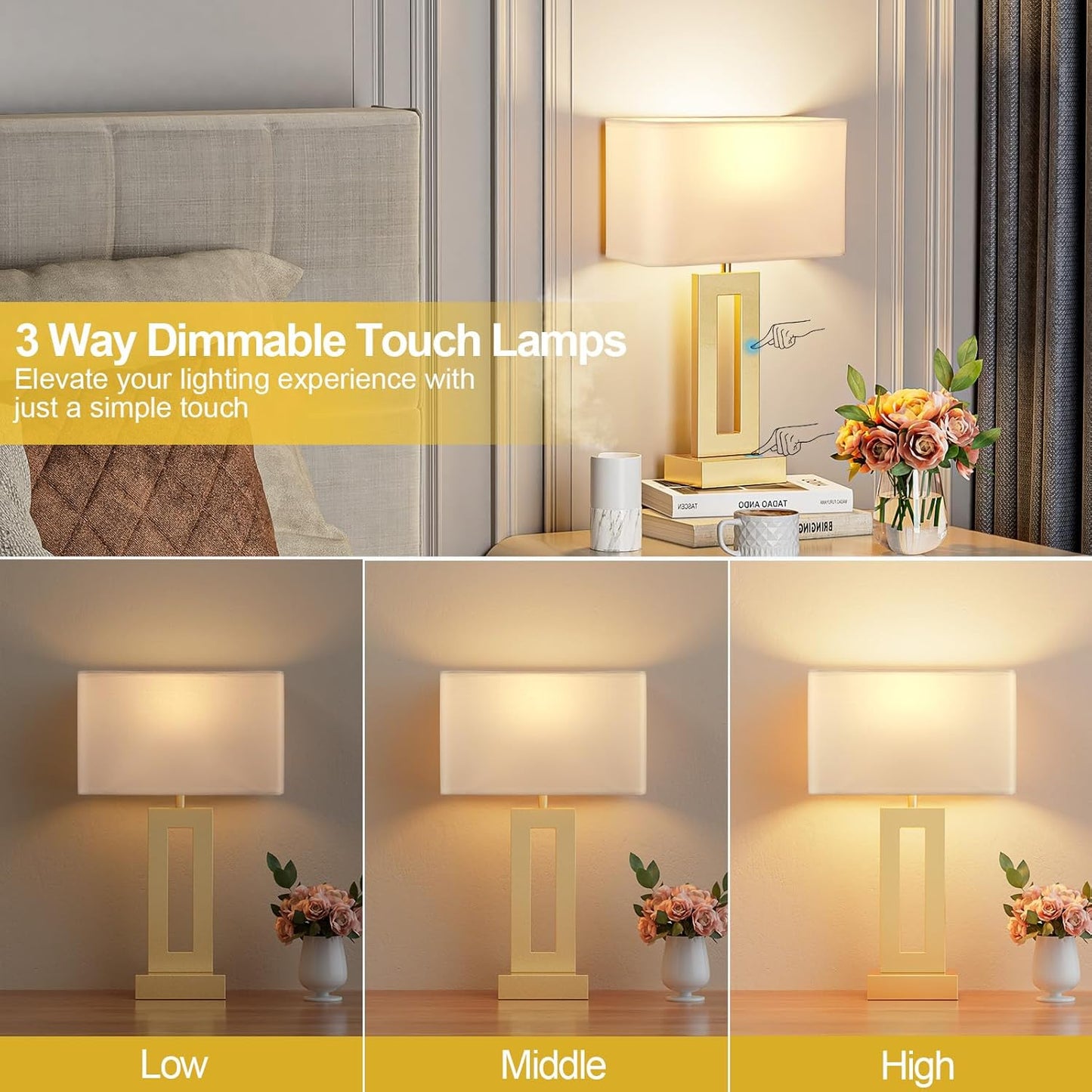 Seealle Bedroom Table Lamps Set of 2 - Touch Bedside Lamps with USB C+A, 3 Way Dimmable Gold Lamp for Nightstand, Modern Night Stands Lamps for Living Room End Tables Desk Bed Side Study Room(16.4n)