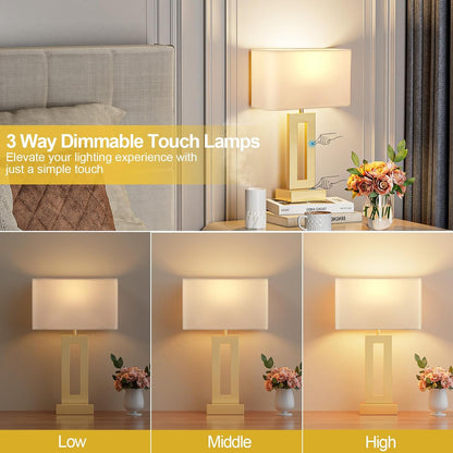 Seealle Bedroom Table Lamps Set of 2 - Touch Bedside Lamps with USB C+A, 3 Way Dimmable Gold Lamp for Nightstand, Modern Night Stands Lamps for Living Room End Tables Desk Bed Side Study Room(16.4n)