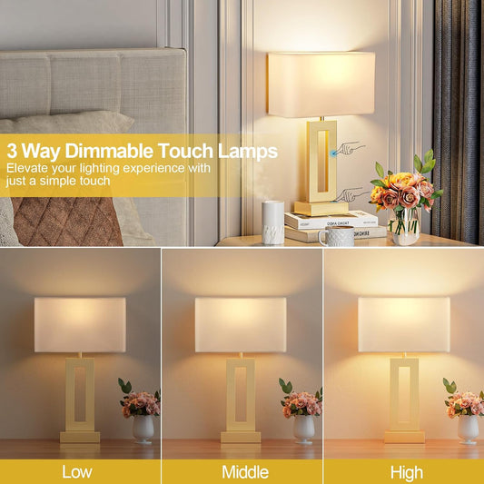 Gold Table Lamps Set of 2, 16.4" Bedside Lamps for Nightstand with USB C+A