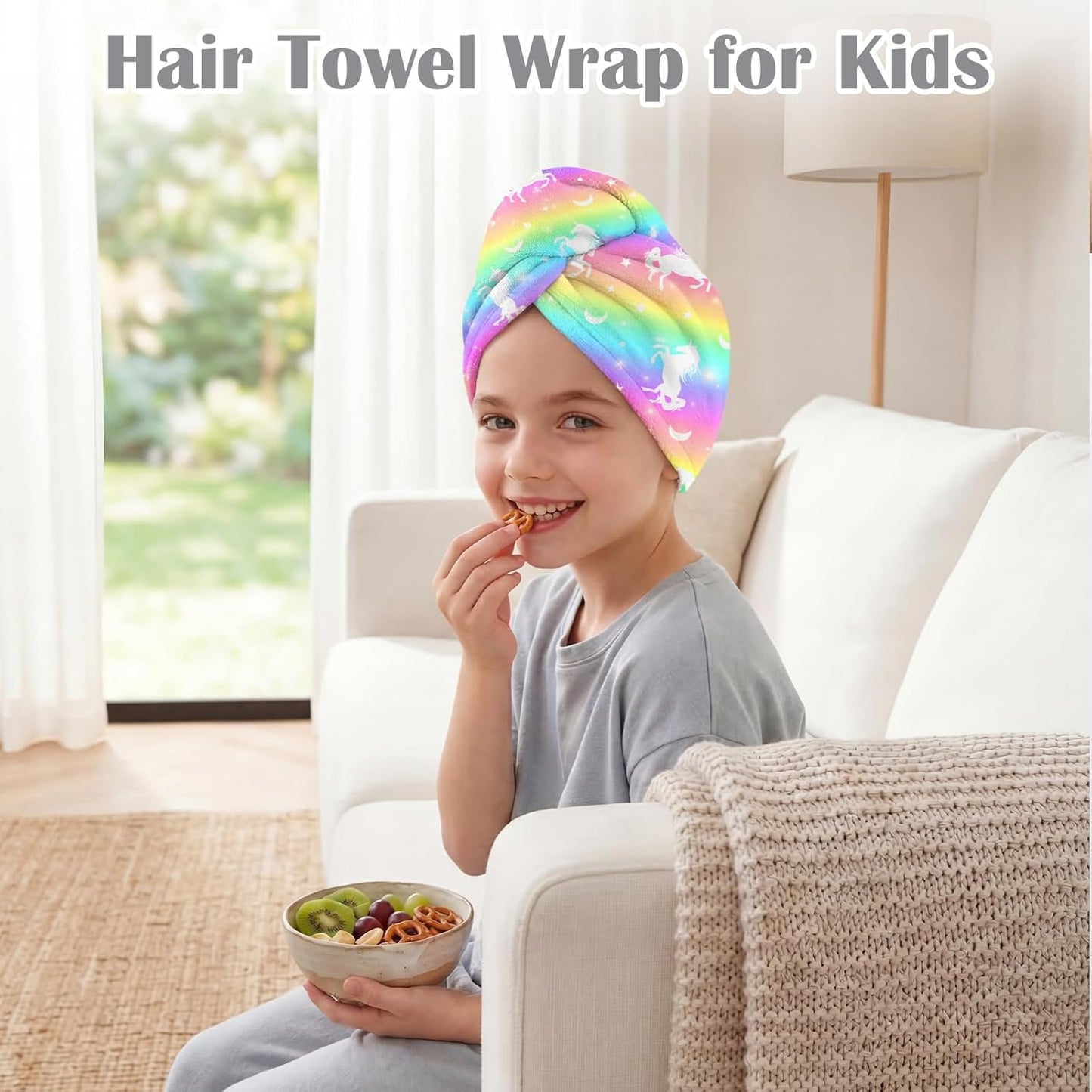 Microfiber Hair Towel Wrap for Kids 2 Pack Quick Drying Hair Towels with Button Hair Turbans for Wet Hair Absorbent Quick Dry Wraps Head Towel Wrap for Women and Girls, Pink Purple Bow