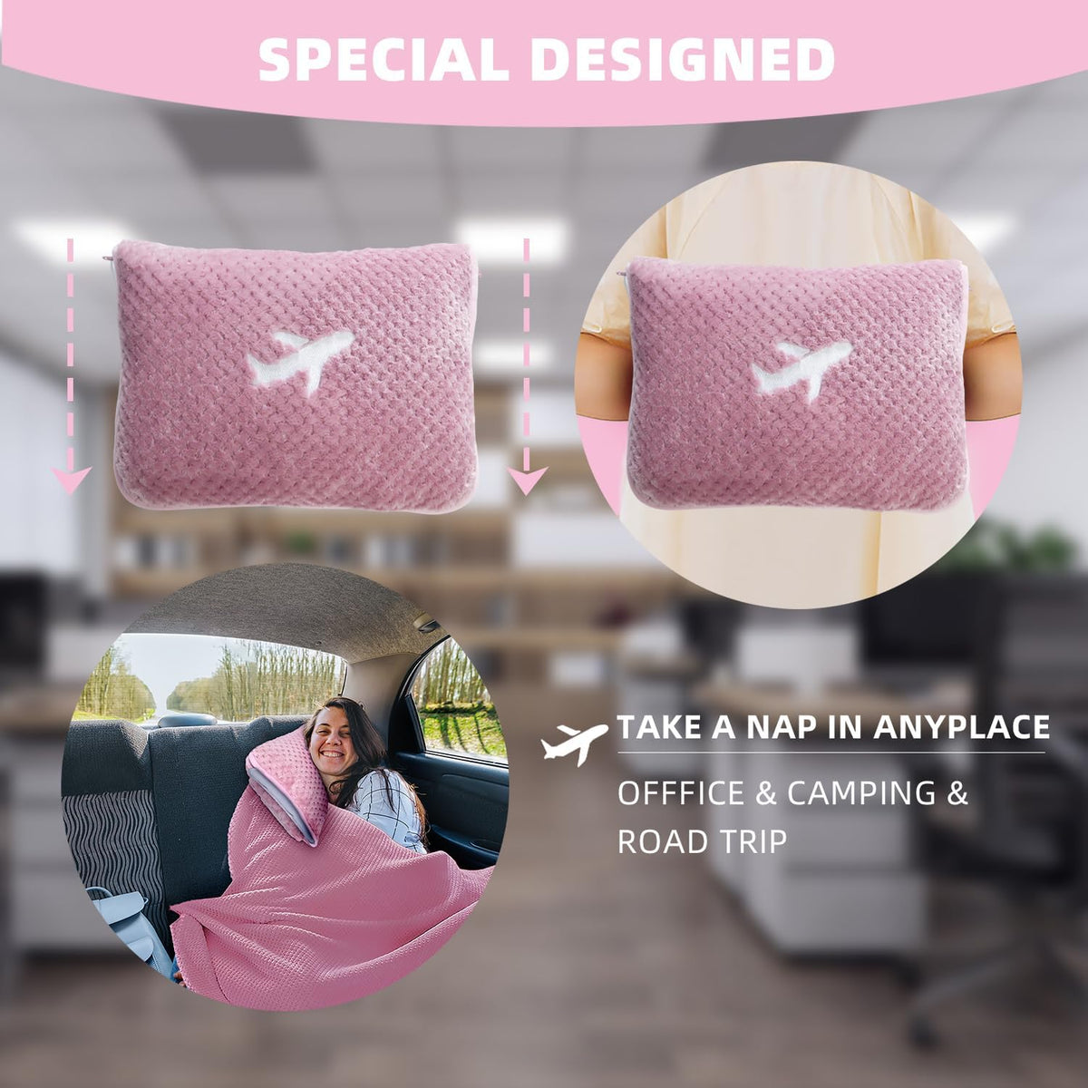 3 in 1 Travel Blanket Pillow Set - 350 GSM Thick Travel Blanket Airplane Compact with Bag, Soft Bag with a Pocket, Inflatable Travel Pillow for Camping & Car Trip(Mint Green)