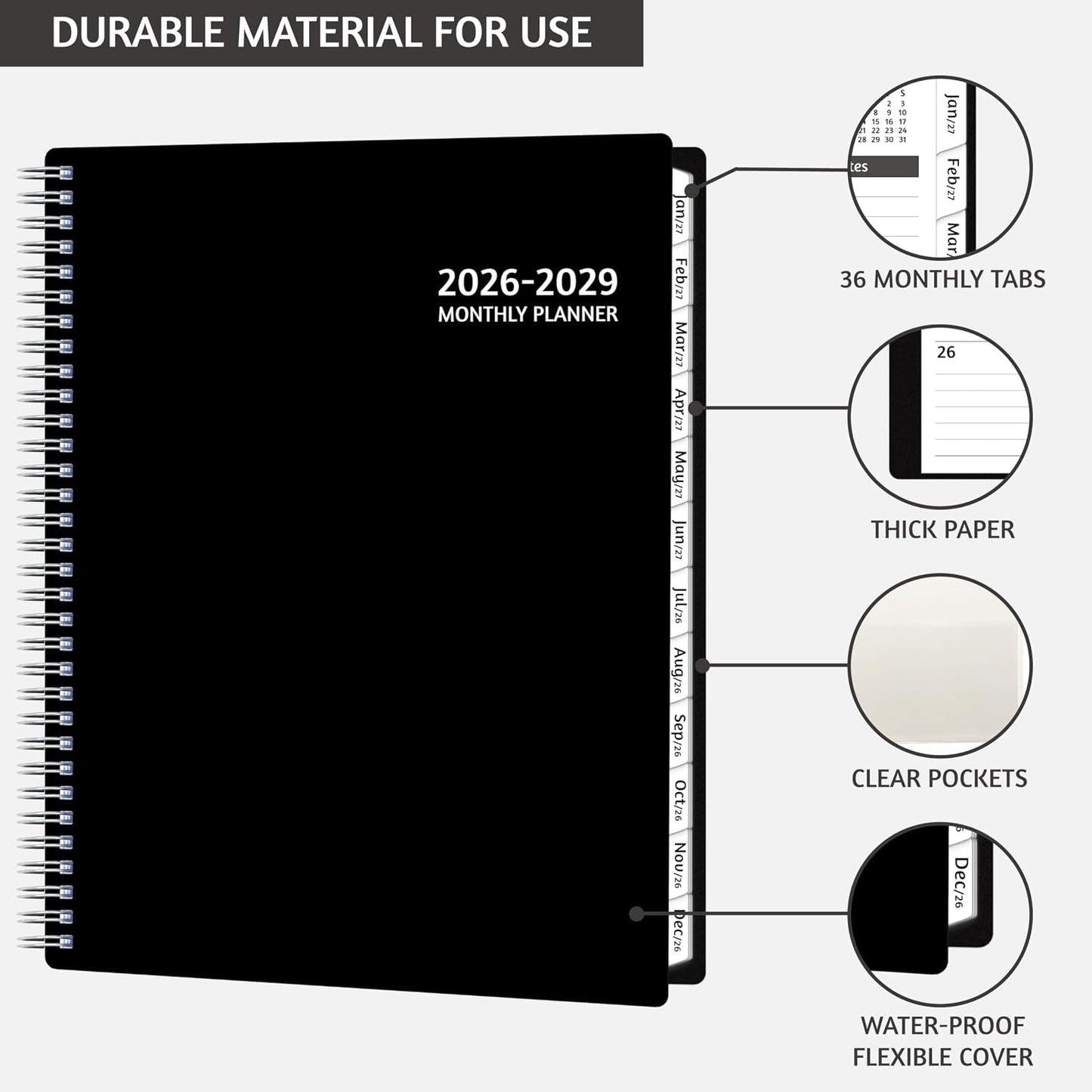 Monthly Planner 2026-2029, 36 Months Calendar Planner 2026-2029 from Jul 2026 – Jun 2029, 8.5'' x 11'' with Ruled Spread, Flexible Cover, Spiral Wirebound, Pocket, Coated Tabs, Notes ＆ Habit Tracker