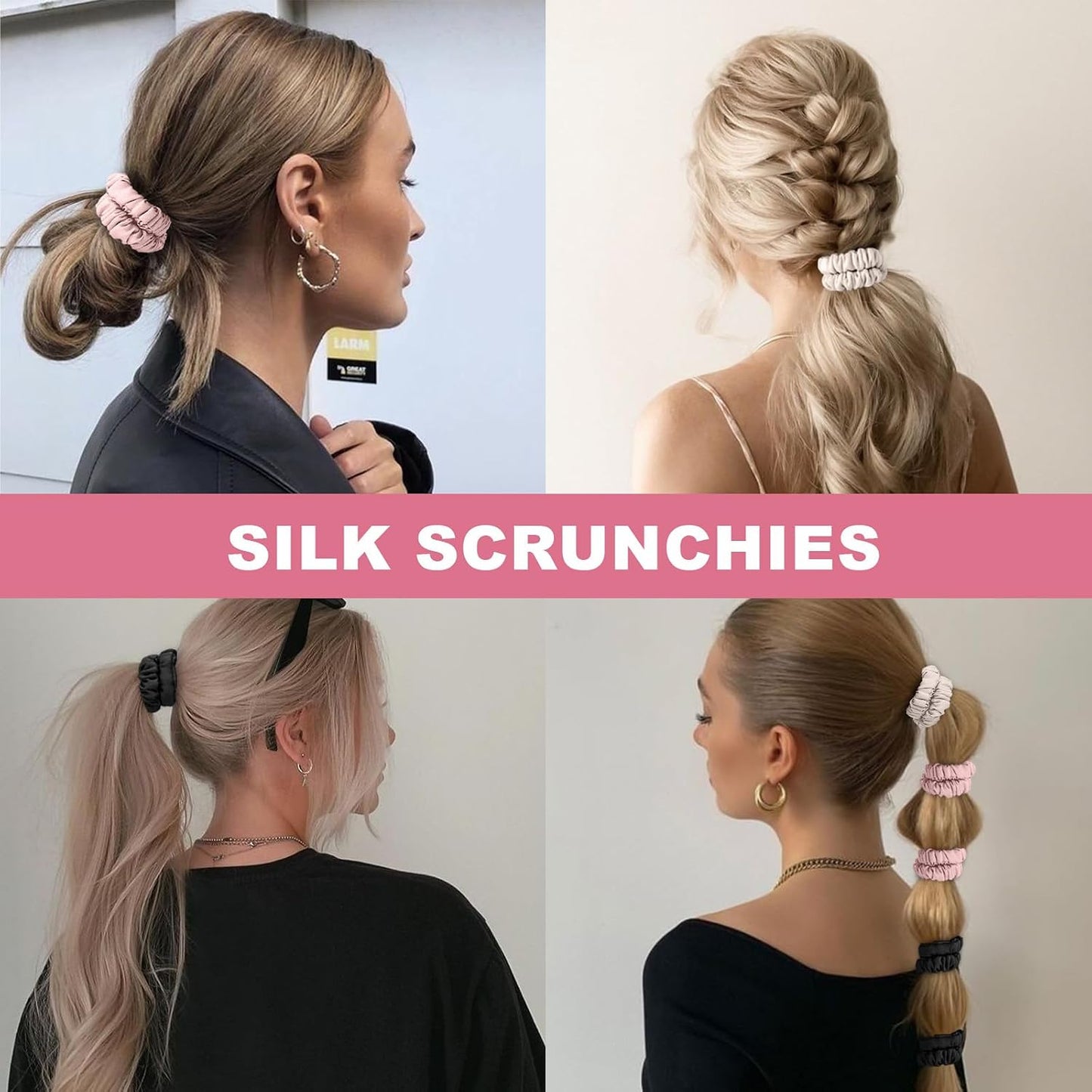 6Pcs Silk Hair Ties 100% Pure Mulberry Silk Scrunchies for Women Girls | No Hair Crease, Anti Frizz, Gentle Hold, No Damage, Black Brown Pink