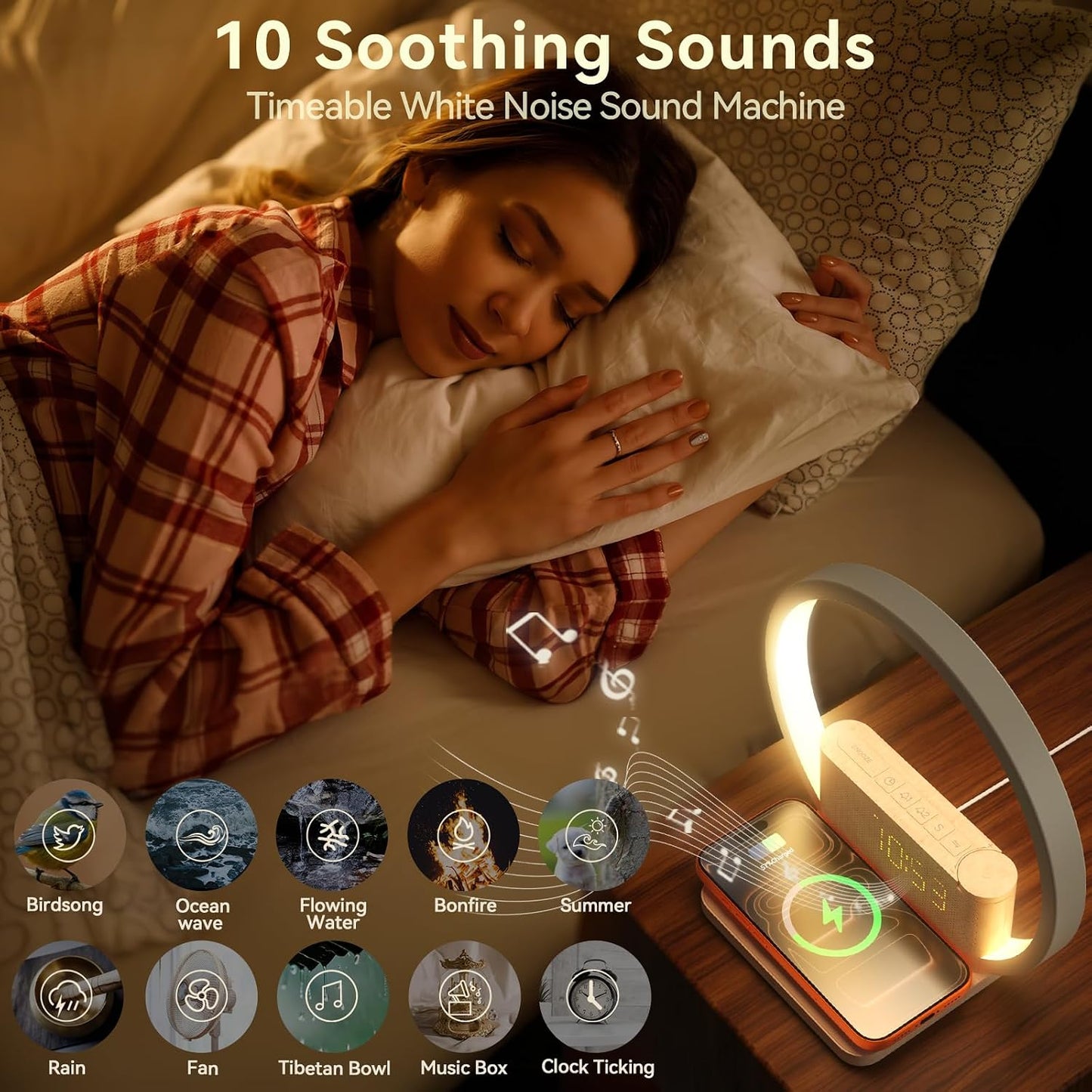 Vivilumens Sunrise Alarm Clock Wireless Charger, 10 White Noise Sound Machine Alarm Clock with 30/60/90 Mins Timer, 3 Levels Touch Night Light Dual Clocks for Heavy Sleeper Bedroom Decor Gift for Her