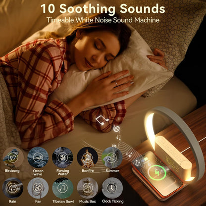 Vivilumens Sunrise Alarm Clock Wireless Charger, 10 White Noise Sound Machine Alarm Clock with 30/60/90 Mins Timer, 3 Levels Touch Night Light Dual Clocks for Heavy Sleeper Bedroom Decor Gift for Her