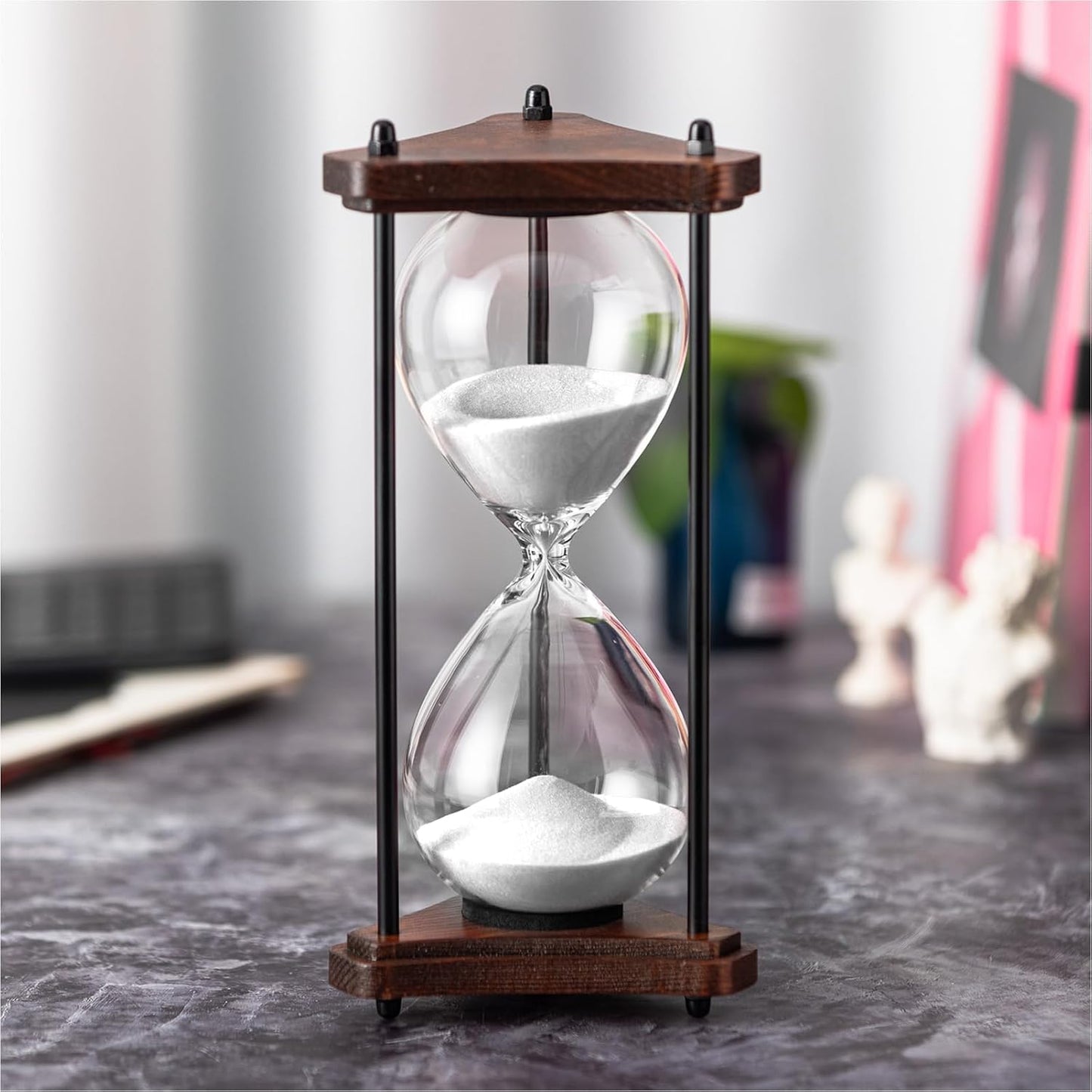 Hourglass Timer 60 Minute, Triangle Wooden Frame Decorative Sand Timer (Black Sand, Large Size)
