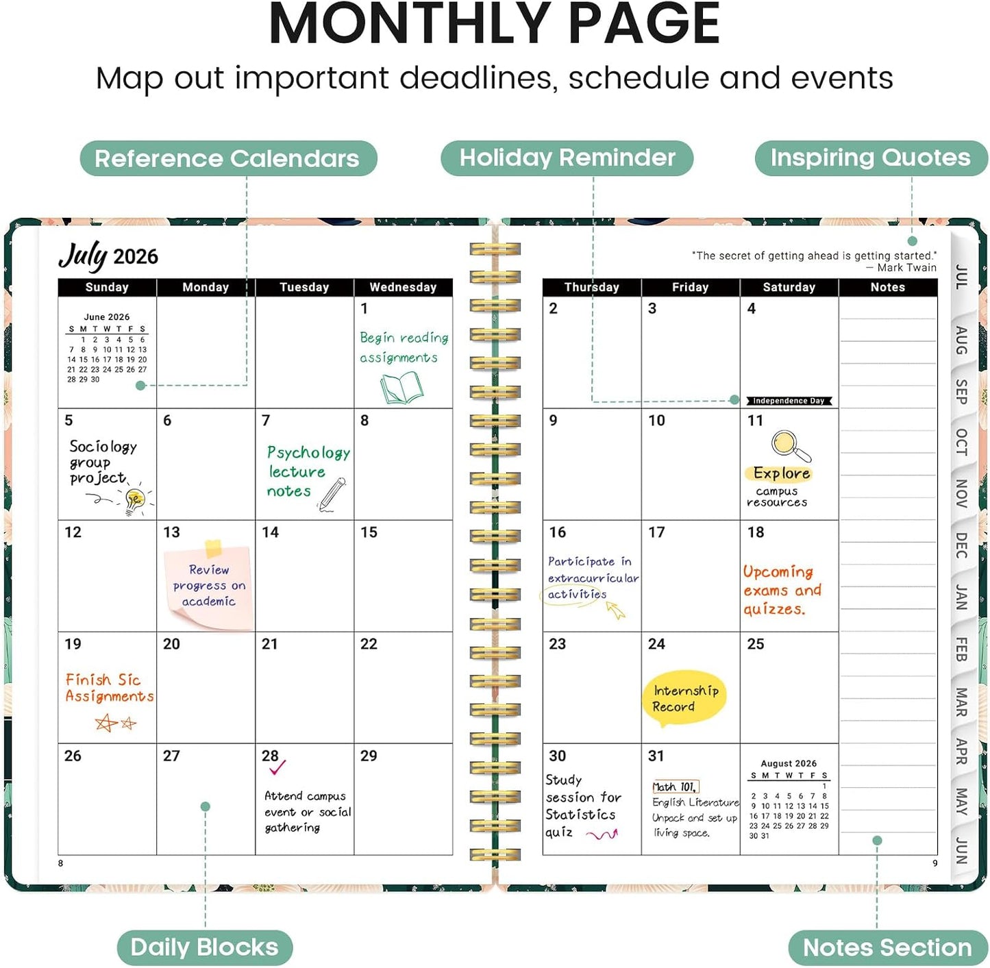 Planner 2026-2027, Academic Monthly and Weekly Calendar Planner for Women, July 2026 - June 2027, Hardcover Pretty Agenda Planner Book with Tabs, Spiral Daily Organizer for School Office Home Supplies, 6.3" x 8.5" - Blue Floral