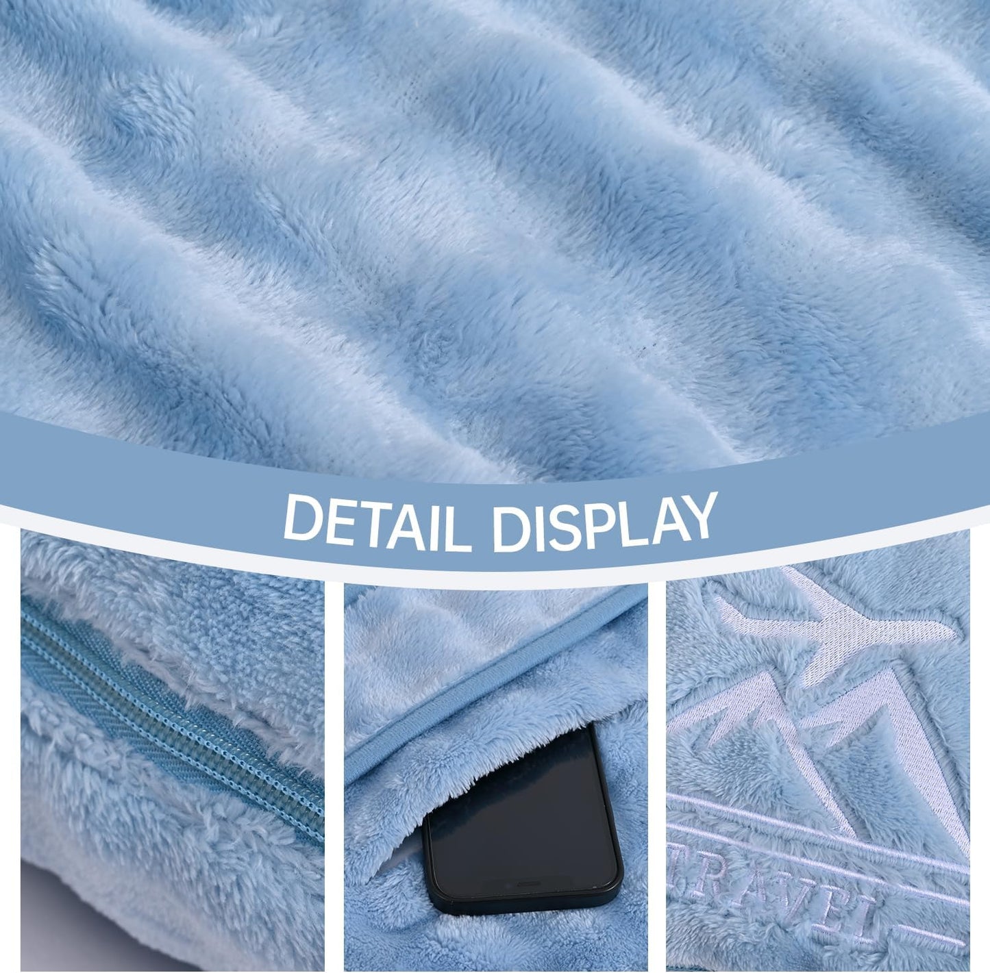Travel Blanket and Pillow-2-in-1, Ultra-Soft&Compact, One-Piece Airplane Blanket with Hand Luggage Belt and Backpack Clip,Travelers Accessories Gifts, 61x43 Inches (Blue)