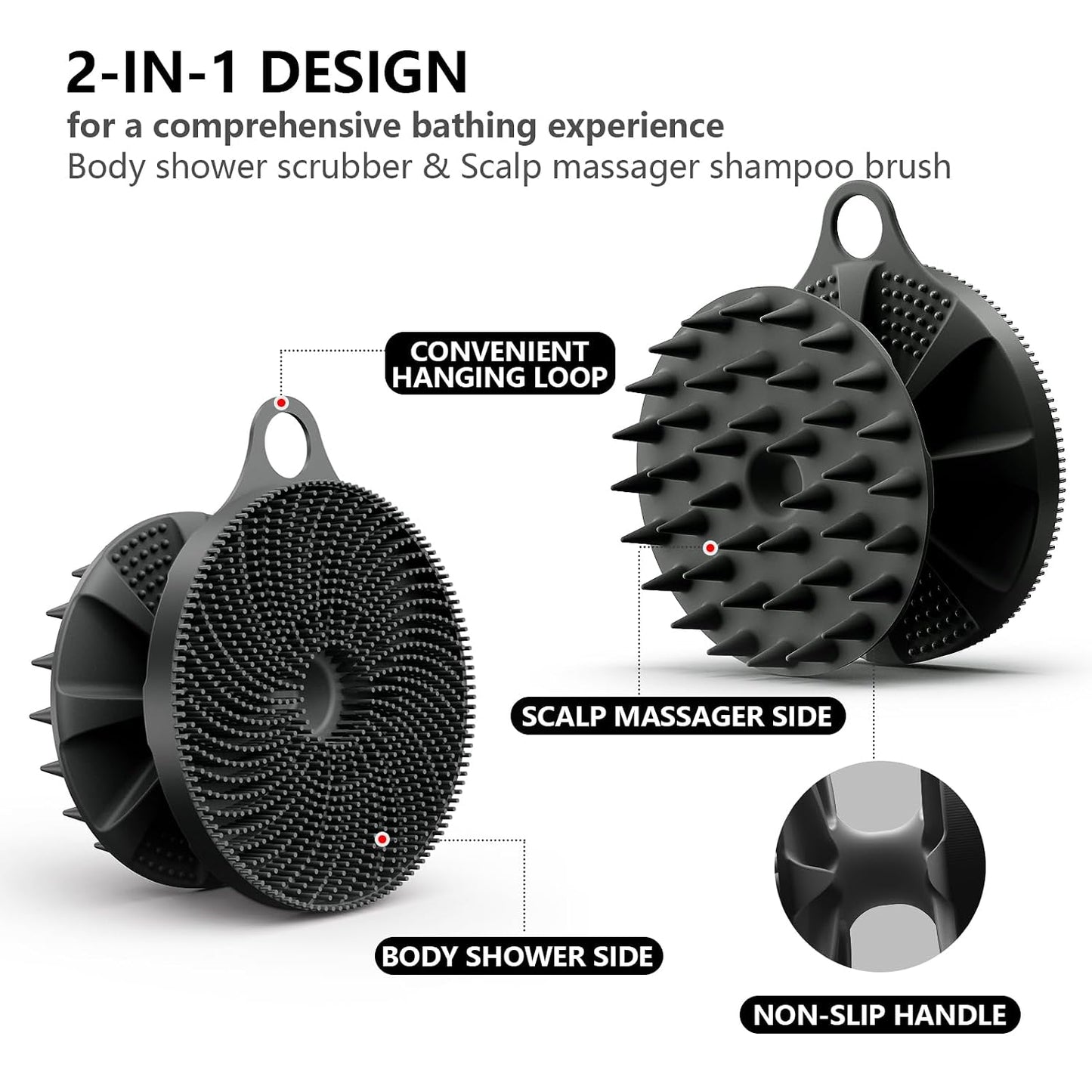 Silicone Body Scrubber 2 Pack, BEAUTAIL Shower Bath Scrubber, More Hygienic Than Traditional Loofah, Lather Nicely, Gentle Exfoliating Brush for Women Men Baby Sensitive Skin, Black+Purple