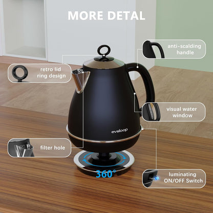 Evoloop 1.7L Electric Kettles, BPA Free Tea Kettle, Hot Water Boiler Heater, Stainless Steel Teapot, Auto Shut-Off & Boil-Dry Protection, 120V/1500W