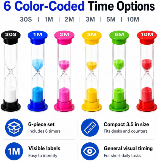 I-MART Plastic Sand Timer Sandglass Hourglass Sand Clock Timer 30 sec, 1 min, 2 mins, 3 mins, 5 mins, 10 mins (Pack of 6)