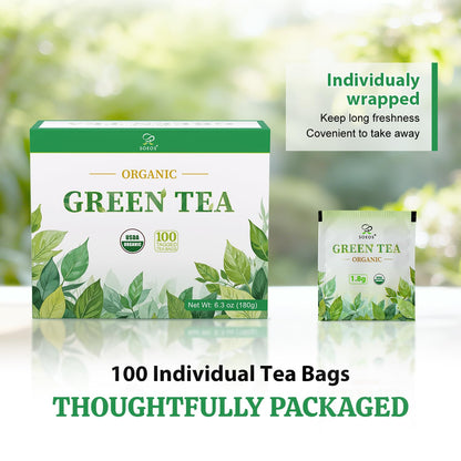 Soeos Organic Green Tea, 6.3 oz (180g), 100 Tea Bags, Refreshing and Fragrant, Sustainably Sourced, Ideal for Hot or Iced Tea, Long-Lasting Freshness
