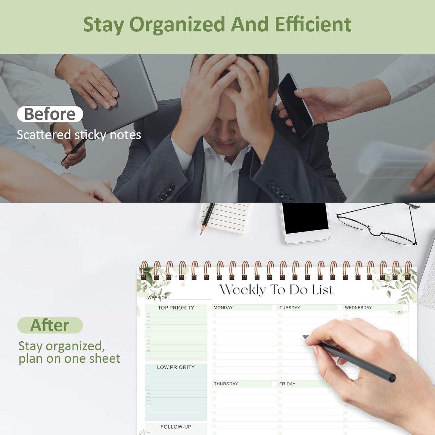 Weekly To Do List Notepad, 52 Sheets, Undated Weekly Planner, Letter Size | 8.5"x11", 100GSM, Thick Paper, Twin-Wire Spiral Bound, Tear Off Desk Pad, For Women & Man, Home School & Office Work