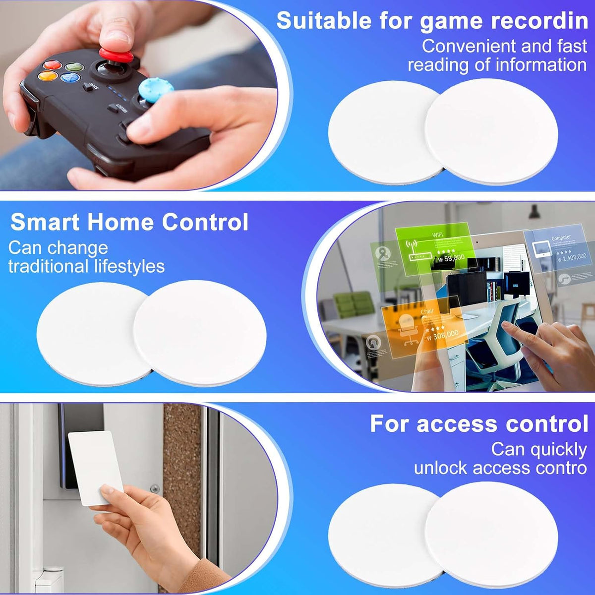 NFC Tag NFC Stickers White NTAG215 Tag Rewritable Round Coin NFC Cards with Adhesive Back Compatible with Tagmo NFC Enabled Mobile Phones