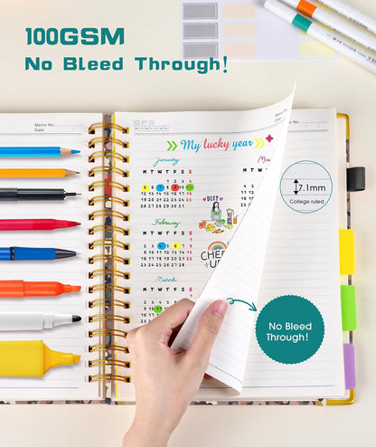 Hardcover Spiral Notebook journal with Removable Dividers Tabs, 300 Pages Leather 5 Subject Notebook College Ruled, 8"x10" Large B5 Notebooks for Work School Note taking, Lined Journal for Women,Black
